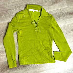 Max Studio Lime Green Lace Up Long Sleeve Top Size Small Collared Stretch Blouse